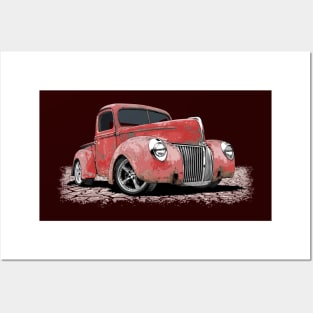 Vintage rusty red 40 Ford rat rod pickup Posters and Art